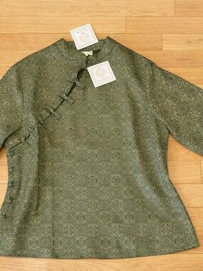 Women's Olive Green Brocade Mandarin Collar Button-Down Top 3/4 length sleeve